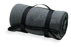 a rolled up gray blanket with black trims on the bottom and one roll is folded over