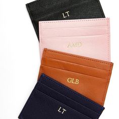 "This saffiano leather, double cardholder is the perfect accessory to help organize all of your wallet essentials. Chic, minimalistic, and compact, customized with your favorite color combo monogram. Pair it with our custom leather phone case to complete your new favorite accessories! Details: - Genuine leather - 2 slots on each side and an inside section to store more items - 3.9\" x 2.95\" - Debossed with gold foil   Join the party on Instagram for giveaways, discount codes and see the product Modern Card Holder With Interior Card Slots, Modern Card Holder With Interior Slots For Personal Use, Trendy Card Holder, Classic Black Card Holder For Personal Use, Classic Card Holder With Interior Slots For Personal Use, Classic Card Holder For Personal Use, Classic Personalized Wallets, Classic Monogram Rectangular Wallets, Custom Leather Phone Case