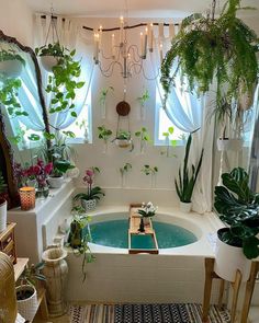 a bathtub with plants in it and lights hanging from the ceiling