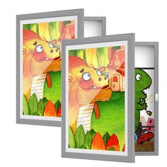 two framed pictures with cartoon animals on them