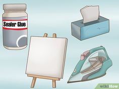 an easel, paper towel, and iron sitting next to each other on a blue background