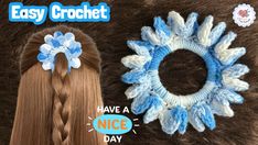 two crochet hair pieces are shown next to each other, one with blue and white flowers on it