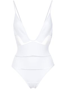 White deep V-neck swimsuit from Amir Slama featuring spaghetti straps, horizontal panels and a lining. This item is true to fit. Please note this item has a brazilian cut. Elegant Backless Cutout Swimwear, Elegant Cutout Backless Swimwear, Elegant White V-neck Swimwear, Elegant White Swimwear With Adjustable Straps, Elegant Triangle Top Swimwear With Straps, Elegant One-piece Cutout Swimwear, Elegant Lined Triangle Top Swimwear, Elegant Cutout Swimwear For Poolside, Elegant Party Swimwear With Straps