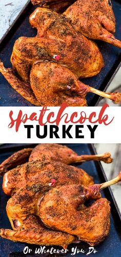 roasted turkey on a roasting pan with text overlay that reads, spatheck turkey