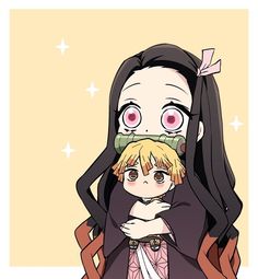 an anime character with long black hair and pink eyes is holding a small child in her arms