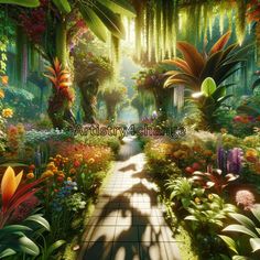 an image of a beautiful garden scene with flowers and plants on the ground, in front of