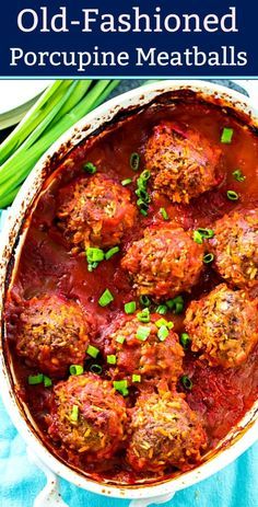 an old fashioned meatballs recipe in a white dish