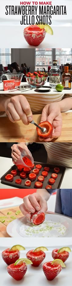 the process of making strawberry margarita jello shots is shown in this image