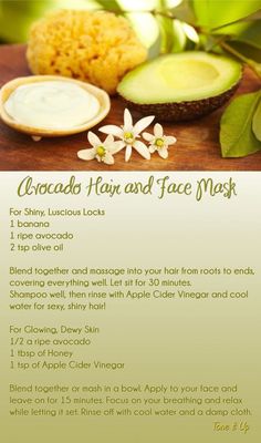 Apple Cider Vinegar Hair Rinse, Face Mask Diy, Avocado Hair Mask, Natural Skincare Recipes, Avocado Hair, Skin Mask, Mask Diy, Hair Rinse