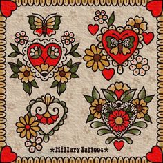 an artistically designed quilt with hearts and flowers