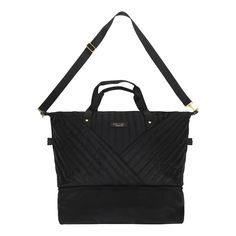 Travel in style with this Rachel Rachel Roy deluxe duffel bag. The bag features a black quilted fabric pattern with gold letters that spell out the designer's logo on the front and zippers. The bag comes with an adjustable strap, a spacious zipper compartment, and a separate shoe compartment that zips closed to store your footwear. The bag features a trolley pass through that lets you easily attach it to a luggage cart. The duffle bag is made with polyester and webbing materials and measures 22" Quilted Black Bag For On-the-go, Black Quilted Bag For On-the-go, Black Quilted Functional Bag, Functional Black Quilted Bag, Black Quilted Travel Bag, Black Shoulder Bag For Overnight Trips With Zipper, Black Shoulder Bag For Overnight Trips, Black Duffle Bag With Zipper Closure For Weekend Trips, Black Duffle Bag With Zipper For Weekend Trips