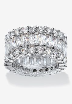 Show off your high voltage sparkle with this eternity ring that shines with three rows of cubic zirconia baguette-cut stones in a chic eternity setting. Each edge is set with cz rounds. The spectacular 12.42 carats T.W. on this beauty will light up the room and your hand. Platinum over sterling silver. Sizes 5-10.  Main Stone: 23 Baguette Faceted Cut Cubic Zirconias, 7.82 carats total weight, 3 mm x 5 mm46 Round Faceted Cut Cubic Zirconias, 4.6 carats total weight, 3 mm x 3 mmPlatinum over Sterl Silver Eternity Ring, Rings Sterling Silver, Palm Beach Jewelry, Zirconia Rings, Beautiful Stones, Cubic Zirconia Jewelry, Cubic Zirconia Rings, Rings Cool, Baguette Cut