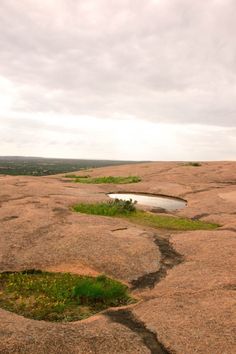 the landscape is covered in large rocks and has small plants growing out of one hole