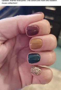 Color Schemes For Nails, Gelmoment Fall Nails, Cute September Nails Short, Olive Green And Tan Nails, Bright Beach Nails Summer Colors, Sns Nails Designs Fall, Fall Nail Color Combinations, Nail Multi Color Ideas, September Pedicure Ideas