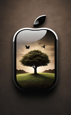 an apple logo with a tree in the middle and birds flying around it, on a brown background