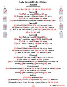 the guitar chords for lady grace and bradley cooper's song, which is written in red