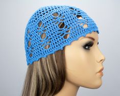 Pretty lacy crochet Cotton hats remain one of the most functional headwear pieces for fall and spring 2022-2023. This beautiful lacy hat is so stylish, soft and very light. This blue crochet hat is made up of very soft yarn 100% Cotton. This lacy hat is crochet without seams. Select your size from the list. Sizes:  Small: Circumference: 20.8-21.6 inches (53-55 cm); Medium: Circumference: 21.6-22.4 inches (55-57 cm); Large: Circumference: 22.4-23.2 inches (57-59 cm); X Large: Circumference: 23.2- Blue Crochet Hat For Spring, Blue Crochet Summer Hats, Blue Crochet Summer Hat, One Size Fits Most, Blue Crochet Hat For Spring, One Size Fits Most, Blue Crochet Hat One Size For Spring, Blue Crochet Beach Cap, Blue Crochet Hat, Fall Hats For Women, Lacy Crochet