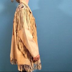 Tan Suede Leather Southwestern Fringe Jacket - Via Accenti, Size B8 Leather Fringe Outerwear For Rodeo, Leather Outerwear With Fringe For Rodeo, Western Leather Fringe Outerwear, Western Leather Outerwear With Fringe, Western Tassel Outerwear For Fall, Winter Festival Outerwear With Beaded Fringe, Long Sleeve Outerwear With Tassels For Rodeo, Bohemian Winter Leather Jacket With Fringe, Fringe Long Sleeve Outerwear For Rodeo