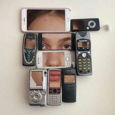 a woman's face is surrounded by cell phones