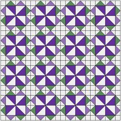 a quilt pattern with green and purple triangles on the bottom, one diagonal triangle in the middle