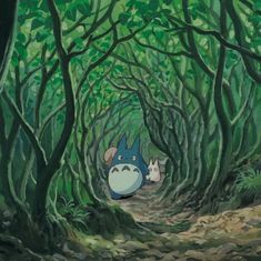 a painting of two cartoon characters in the middle of a forest with green trees and leaves