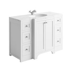 a white bathroom vanity with two drawers and a sink on the side, against a white background