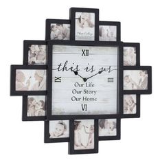 this is us our life our story our home wall clock with family photos on it