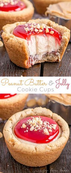 two pictures of peanut butter and jelly cookie cups