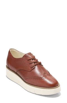 A chunky platform sole adds a stylish boost to a brogued wingtip derby fashioned from rich leather. Leather upper/synthetic lining/rubber sole Imported Derby Fashion, Oxford Platform, Oxford Flats, Chunky Platform, Cole Haan, Flat Shoes Women, Derby, Oxford, Leather Upper