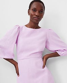 Elevate your wardrobe with the Ann Taylor Linen Blend Open Back Flare Dress, a perfect blend of elegance and comfort for any occasion. This dress features a flattering flare silhouette and a unique open back design that adds a touch of allure.

- Size: 10 Regular
- Color: Crisp Lilac
- Material: Shell - 55% Linen, 45% Viscose; Lining - 100% Cotton
- Gender: Female

Designed with a crew neck and chic 3/4 sleeves with elasticized cuffs, this dress ensures both style and ease of movement. The hidde Chic Linen Dress With 3/4 Sleeve, Satijnen Blouses, Ann Taylor Petite, Linen Dresses, Petite Dresses, Waist Length, Size 00, Cotton Style, Flare Dress