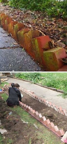 two pictures side by side, one with bricks and the other with dirt