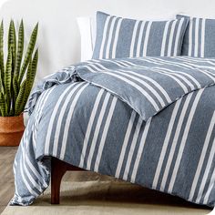 a bed with blue and white striped comforter next to a potted snake plant