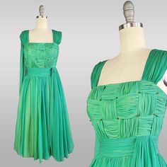 ~1950s fabulous green Ouida of Chicago woven bodice layered chiffon cocktail party dress ~Exquisitely made!   ~Dress is comprised of 6 luscious kelly green chiffon panels draped over yellow chiffon panels, and over yellow chiffon covered ivory taffeta. Wow! ~Narrow light green chiffon straps are draped with kelly green chiffon and meet a square neckline ~Bodice is overlayed with  green chiffon punctuated at each corner by clusters of green and transparent seed beads ~Bodice is lined in silk sati Retro Green Evening Dress, Green Retro Evening Dress, 1950s Style Green Evening Dress, Green 1950s Style Evening Dress, 1950s Style Green Formal Dress, Green 1950s Style Formal Dress, 1950s Style Green Dress For Garden Party, Formal Green Dress, Party Dress Green