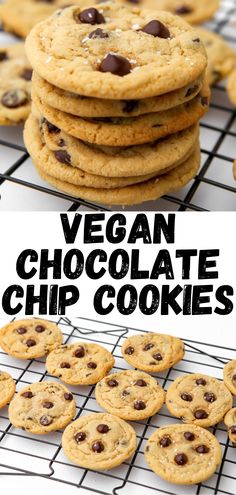 A pin for vegan chocolate chip cookies. The top photo shows a stack of cookies. The bottom photo shows the cookies on a cooling rack. Best Vegan Chocolate Chip Cookies, Chickpea Chocolate Chip Cookies, Peanut Butter Oatmeal Chocolate Chip Cookies, Vegan Chocolate Cookies, Banana Chocolate Chip Cookies, Dairy Free Cookies, Vegan Chocolate Chip Cookies, Desserts Vegan