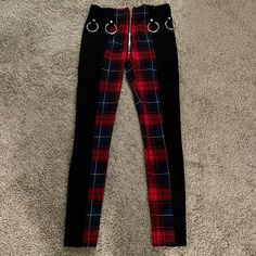 Brand New And Never Worn! Edgy Red Stretch Pants, Edgy Red Bottoms For Night Out, Edgy Red High-waist Bottoms, Edgy Fitted Plaid Bottoms, Fitted Plaid Edgy Bottoms, Edgy Red Pants For Fall, Plaid High Waist Fitted Bottoms, High Waist Plaid Fitted Bottoms, Edgy Red Straight Leg Bottoms