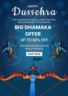 Dussehra Dhamaka Offer Poster Offer Poster, Dussehra Celebration, Culture Photography, Navratri Festival, Indian Festivals, How To Attract Customers, Poster Template, Media Post, Diwali