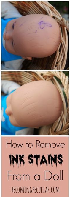 two pictures with the words how to remove ink stains from a doll