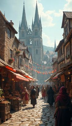 Step into a bustling medieval market square filled with colorful stalls, cobblestone paths, and the spires of a grand cathedral. A lively fantasy scene Medieval Town Aesthetic, Medieval Venice, Cathedral Wallpaper, Fantasy Market, Grand Cathedral, Medieval Girl, Chainmail Armor, Medieval Era