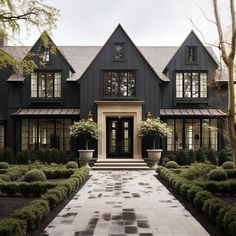 a large black house with lots of windows and plants in the front yard, on a cloudy day