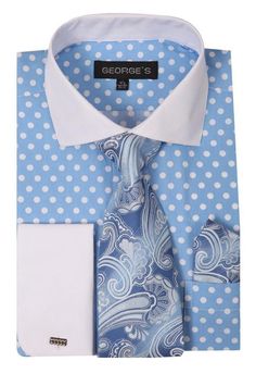 Men's French Cuff Cotton Polka Dot Dress Shirt W/ Tie & Hanky Set 613 Shirt Tie Combo, Polka Dot Shirt Dress, French Cuff Dress Shirts, Casual Formal Dresses, French Cuff, Set Style, Polka Dot Design, Shirt Dress Style, Shirt Dress Casual