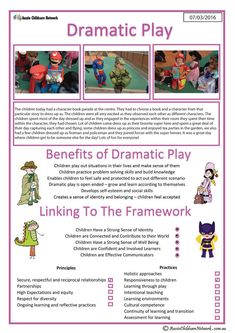 the flyer for dramatic play with pictures of children in costumes and text that reads, benefits of dramatic play linking to the framework