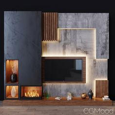 modern living room with fireplace and entertainment center in dark toned interior design, 3d rendering