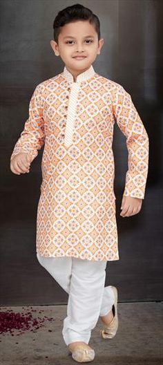 Orange color Boys Kurta Pyjama in Cotton fabric with Printed work Orange Kurta With Printed Motifs And Long Sleeves, Orange Long Sleeve Kurta With Printed Motifs, Orange Cotton Sets With Printed Motifs, Orange Printed Cotton Set, Spring Orange Cotton Kurta, Orange Cotton Long Sleeve Kurta, Long Sleeve Orange Cotton Kurta, Fitted Orange Cotton Kurta, Boys Kurta