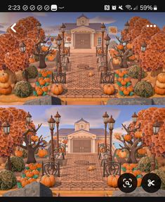 two pictures of pumpkins in front of a house with trees and lanterns on it