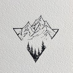 a drawing of mountains and trees on white paper with black ink in the shape of a triangle