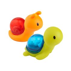 two plastic toys that look like snails are in the shape of a snail and turtle