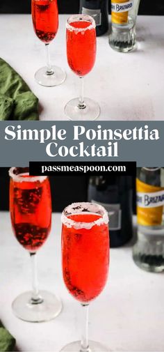 This simple poinsettia cocktail is a fun, festive recipe that is perfect for the holidays! Made with prosecco, triple sec, and cranberry juice, this flavorful drink is great for a party!