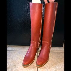 Brand New Vintage Women Zodiac Red Or Rust Color Riding Boots Size 6.5 Will Fit 6- 6.5 Marks And Flaws On Boots From Shifting In Box During Storage And Shelf Wear Red Leather Wide Calf Boots, Red Wide Calf Leather Boots, Medium Width Closed Toe Red Boots, Red Medium Width Closed Toe Boots, Red Medium Width Boots, Red Leather Boots Medium Width, Red Leather Boots Standard Fit, Red Knee-high Boots Medium Width, Superhero Boots