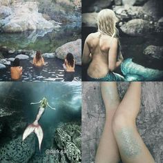 four different pictures with mermaids in the water and one woman sitting on top of rocks