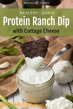 a person dipping some food into a jar with cottage cheese on it and the title reads healthy quick protein ranch dip with cottage cheese